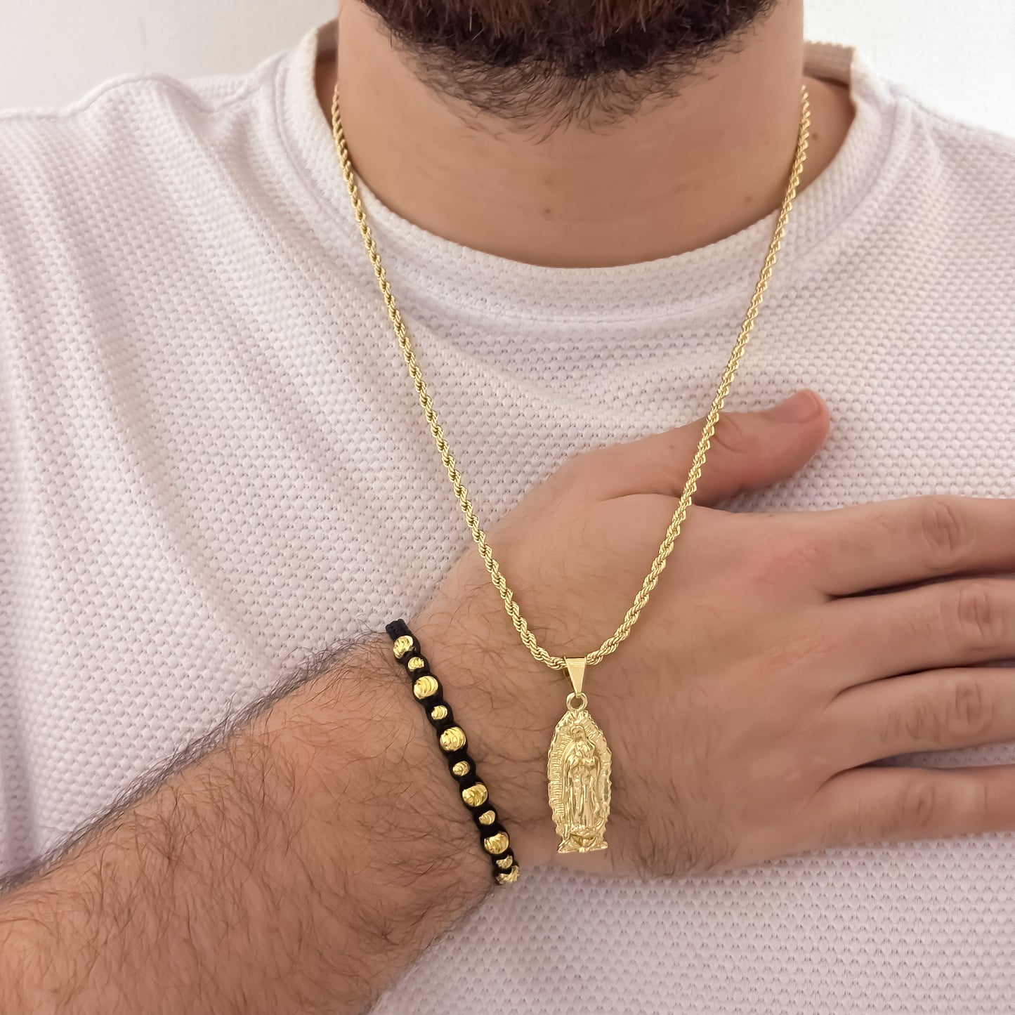 Cadena Tejido Lazo Siciliano de 60cm de 3mm + Virgen de Guadalupe Tallada + Pulseras Balin Italiano de 5mm y 4mm en Oro Laminado 18k con Garantia de por vida