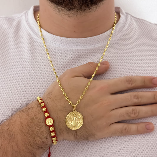 Cadena Tejido Gucci de hombre de 60cm de 3mm + San Benito Redondo + Pulseras  San Benito Balin Italiano de 6mm en Oro Laminado 18k con Garantia de por vida