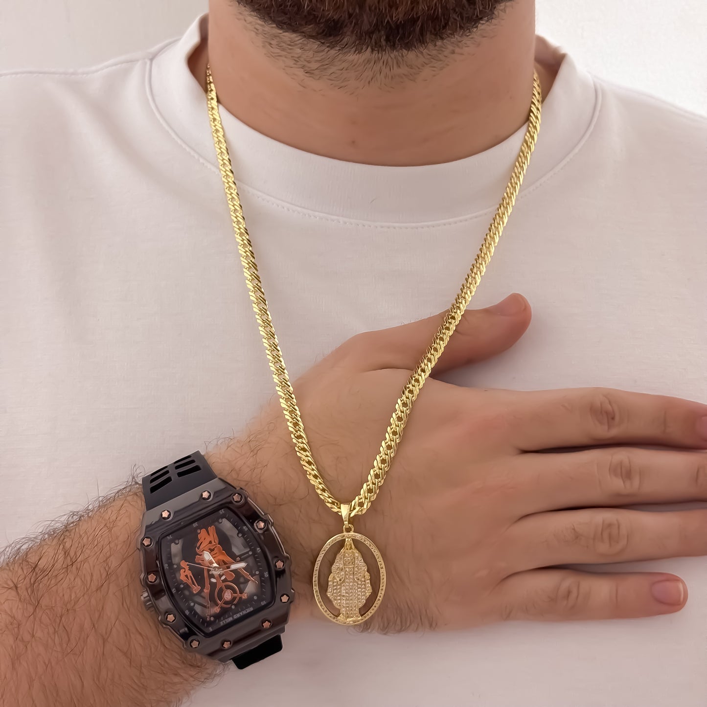 Cadena Tejido Cubana Cruzada 60cm de 5mm Gruesa + Virgen de Guadalupe con Micro Circones Cristales + Reloj Richar de Hombre en Oro Laminado 18k con Garantia de por vida