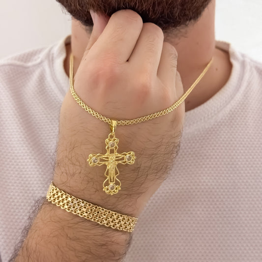 Juego Tejido Chino Hombre de 60cm de 3mm + Cruz Cristo Madero + Pulseras Tejido Chino Grueso de 20cm de 8mm en Oro Laminado 18k con Garantia de por vida