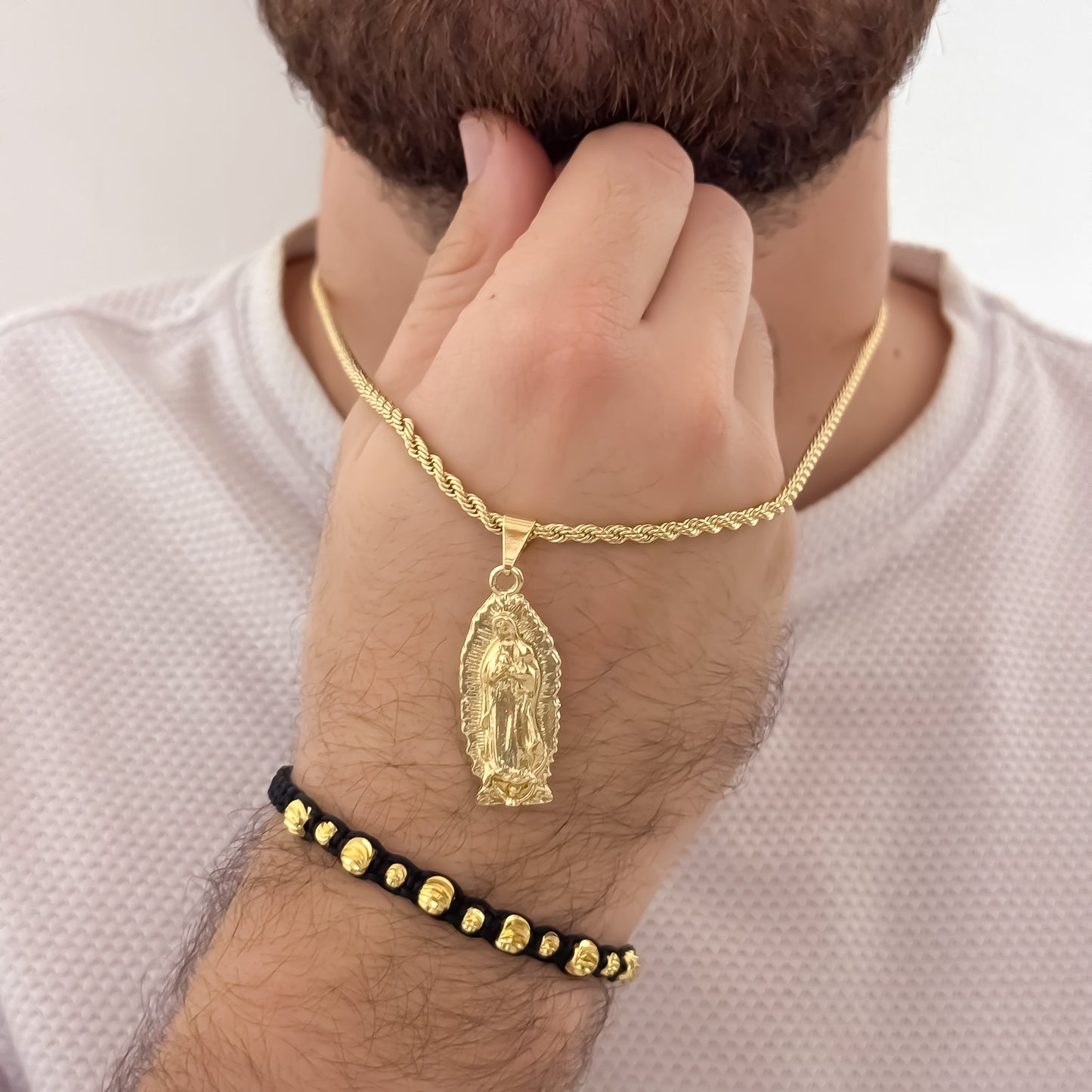 Cadena Tejido Lazo Siciliano de 60cm de 3mm + Virgen de Guadalupe Tallada  + Pulseras Balin Italiano de 5mm y 4mm en Oro Laminado 18k con Garantia de por vida