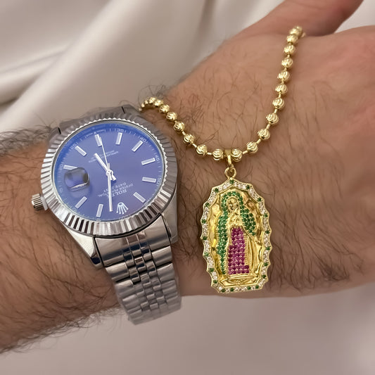 Cadena Tejido militar Diamantada de 60cm de 4mm + Virgen de Guadalupe Tallada  Micro Circones de Colores + Reloj Rolex 1.1 en Oro Blanco en Oro Laminado 18k con Garantia de por vida