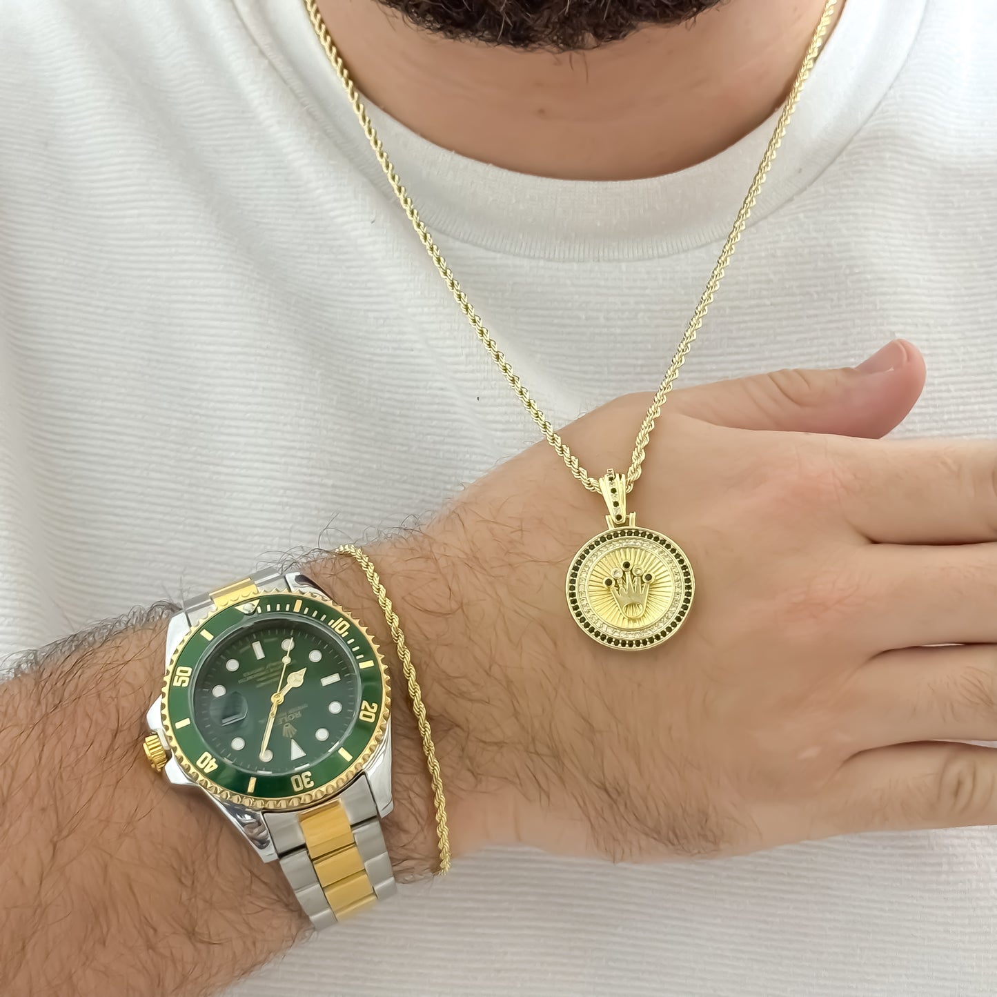 Conjunto Cadena Lazo de 60cm de 3mm + Corona Rolex Micro Circones Verde + Pulsera Lazo de 20 cm de 3mm + Reloj Rolex Micro Circones Verde en Oro Laminado 18k con Garantia de por vida